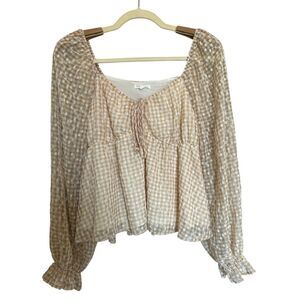 Blu Pepper Beige Gingham Check Peasant Blouse Long Sleeve Ruffle Hem Women’s Siz